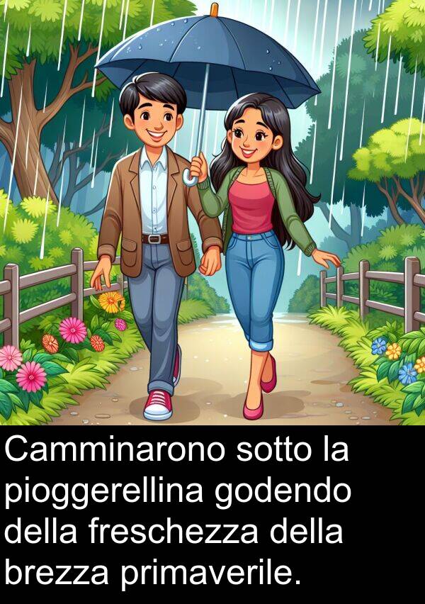 pioggerellina: Camminarono sotto la pioggerellina godendo della freschezza della brezza primaverile.