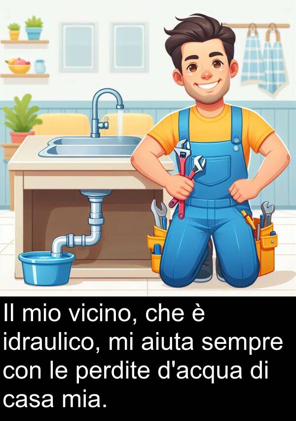 aiuta: Il mio vicino, che è idraulico, mi aiuta sempre con le perdite d'acqua di casa mia.
