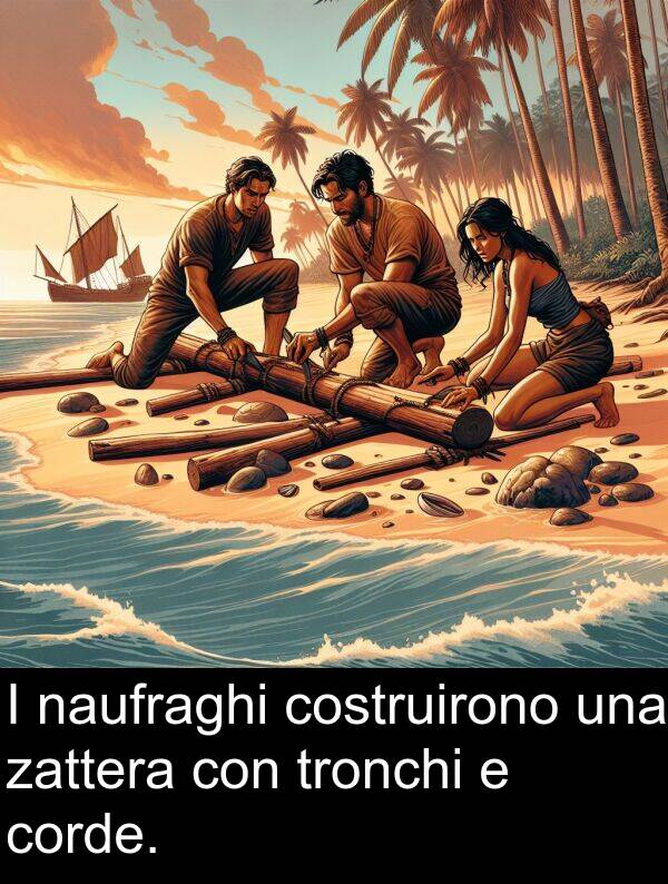 naufraghi: I naufraghi costruirono una zattera con tronchi e corde.
