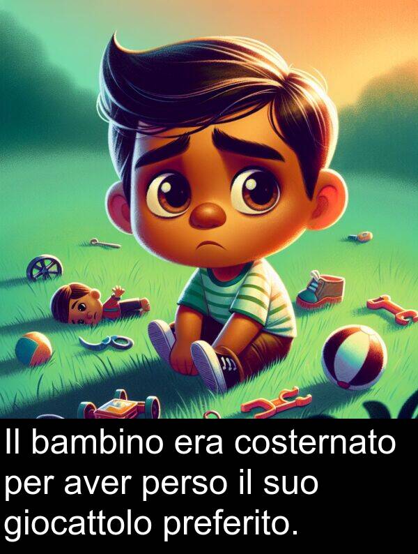 giocattolo: Il bambino era costernato per aver perso il suo giocattolo preferito.
