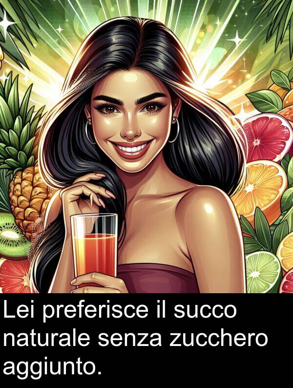 senza: Lei preferisce il succo naturale senza zucchero aggiunto.