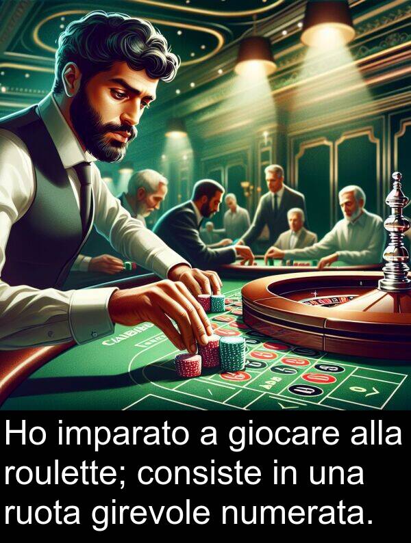 roulette: Ho imparato a giocare alla roulette; consiste in una ruota girevole numerata.
