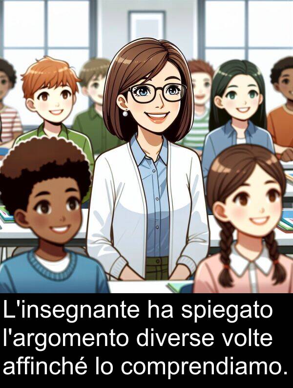 diverse: L'insegnante ha spiegato l'argomento diverse volte affinché lo comprendiamo.