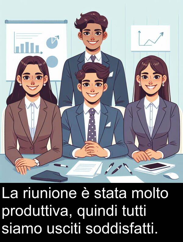 usciti: La riunione è stata molto produttiva, quindi tutti siamo usciti soddisfatti.