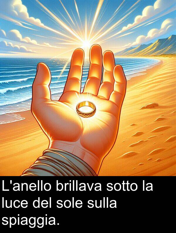 brillava: L'anello brillava sotto la luce del sole sulla spiaggia.