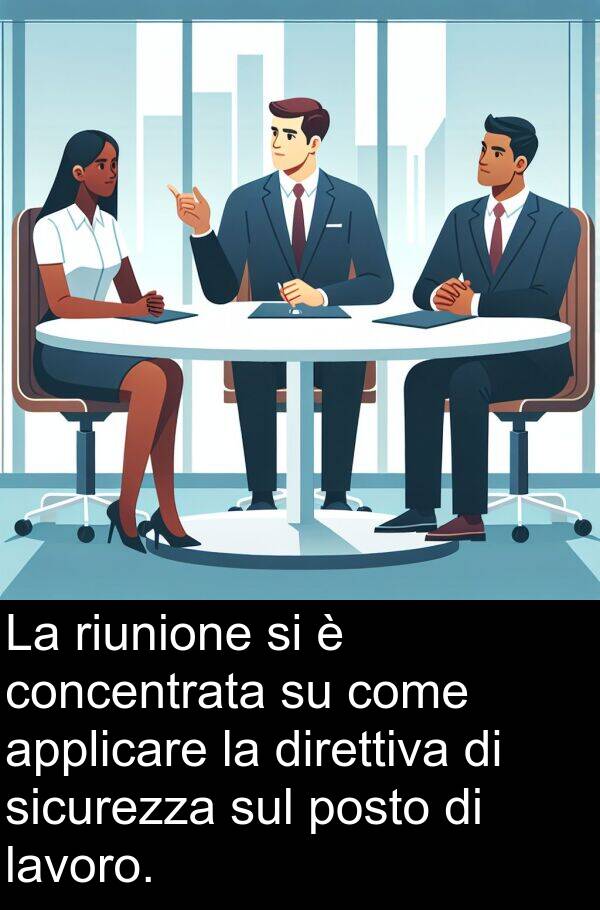 riunione: La riunione si è concentrata su come applicare la direttiva di sicurezza sul posto di lavoro.
