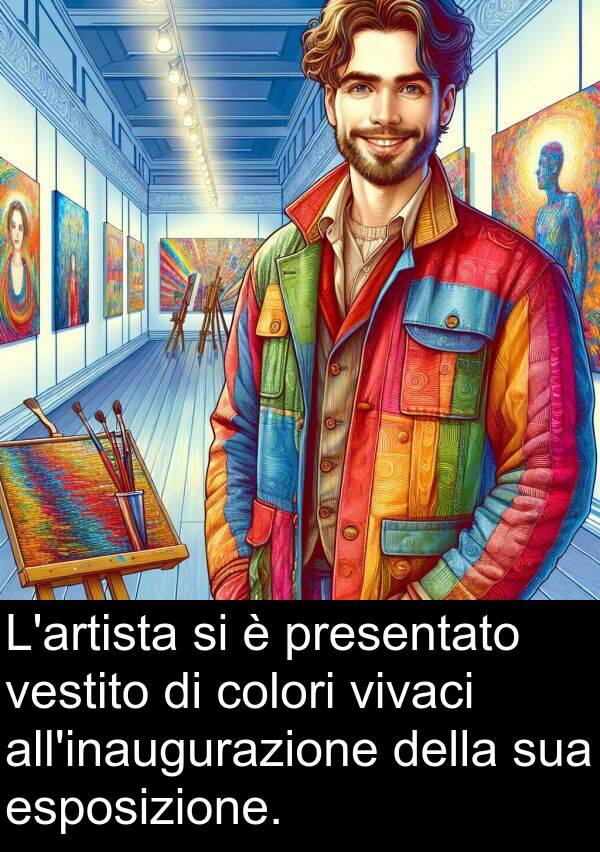colori: L'artista si è presentato vestito di colori vivaci all'inaugurazione della sua esposizione.