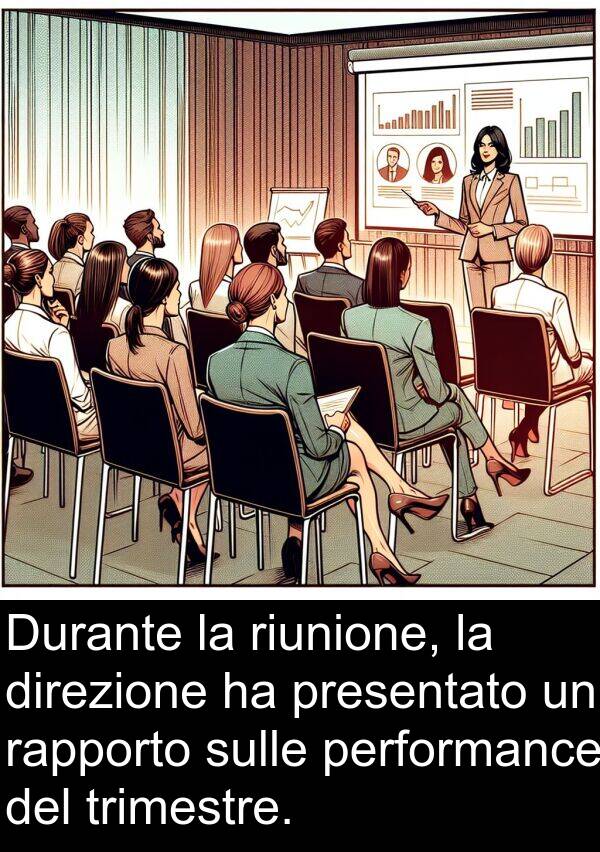 riunione: Durante la riunione, la direzione ha presentato un rapporto sulle performance del trimestre.