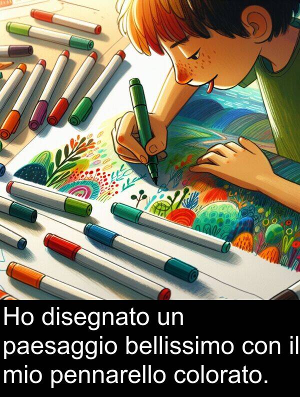 disegnato: Ho disegnato un paesaggio bellissimo con il mio pennarello colorato.