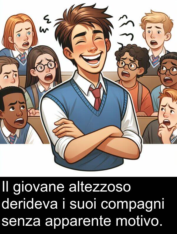 apparente: Il giovane altezzoso derideva i suoi compagni senza apparente motivo.