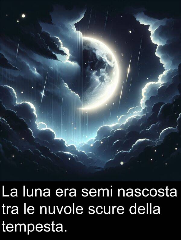 nascosta: La luna era semi nascosta tra le nuvole scure della tempesta.