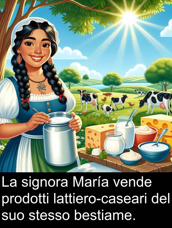 signora: La signora María vende prodotti lattiero-caseari del suo stesso bestiame.