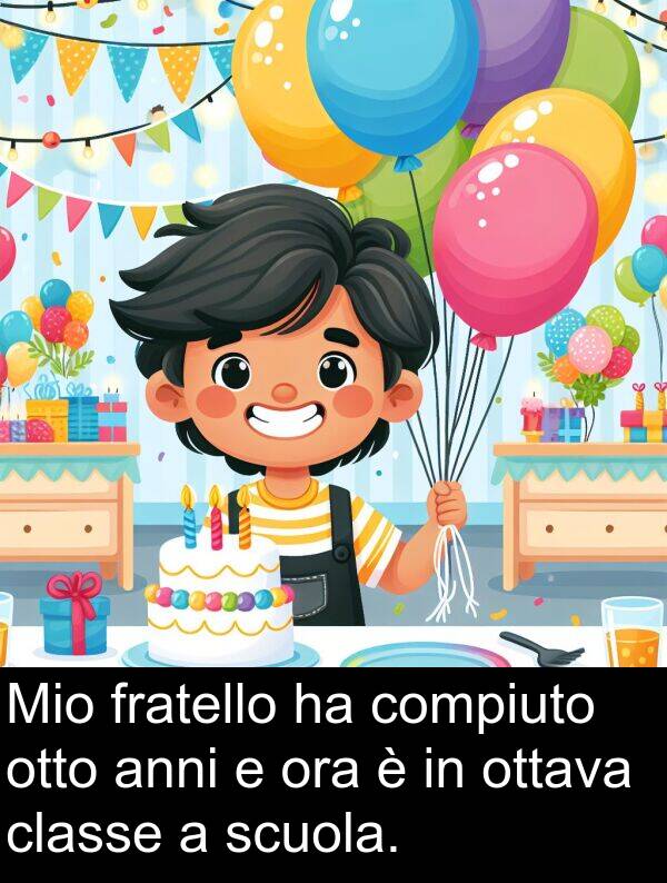 compiuto: Mio fratello ha compiuto otto anni e ora è in ottava classe a scuola.