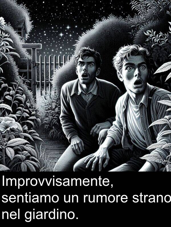 sentiamo: Improvvisamente, sentiamo un rumore strano nel giardino.