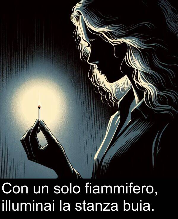 buia: Con un solo fiammifero, illuminai la stanza buia.