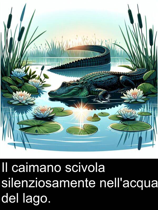 lago: Il caimano scivola silenziosamente nell'acqua del lago.