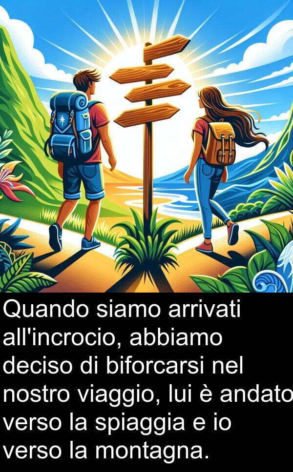 deciso: Quando siamo arrivati all'incrocio, abbiamo deciso di biforcarsi nel nostro viaggio, lui è andato verso la spiaggia e io verso la montagna.
