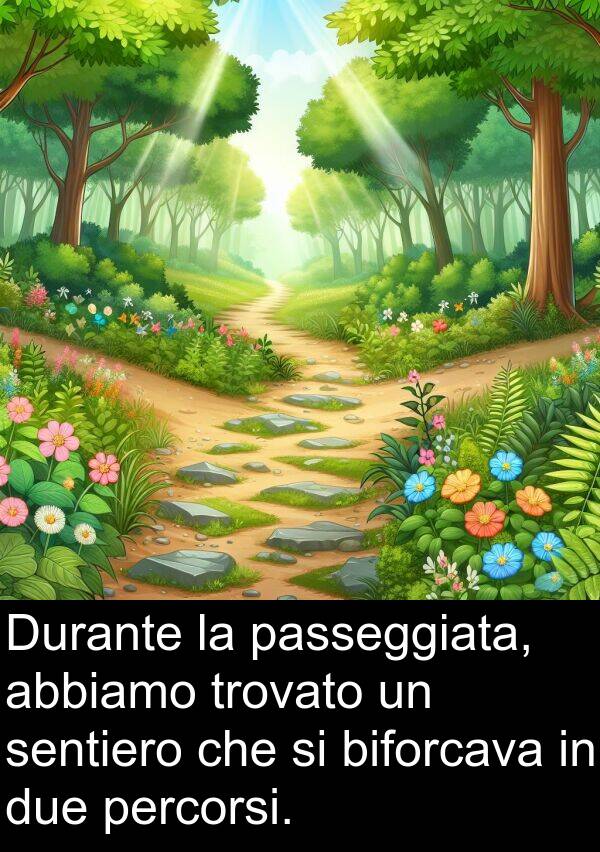 due: Durante la passeggiata, abbiamo trovato un sentiero che si biforcava in due percorsi.