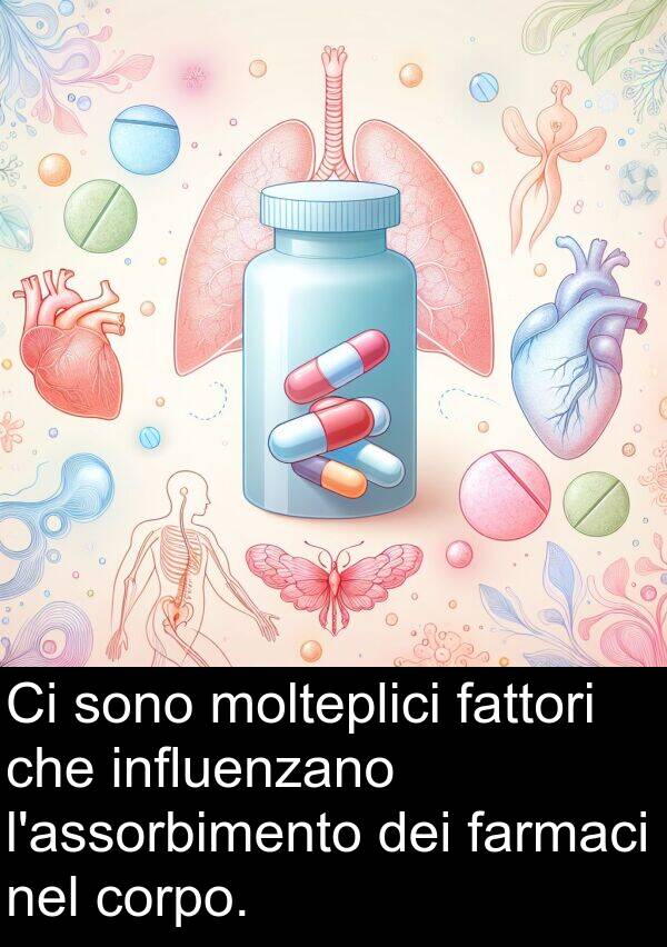 molteplici: Ci sono molteplici fattori che influenzano l'assorbimento dei farmaci nel corpo.