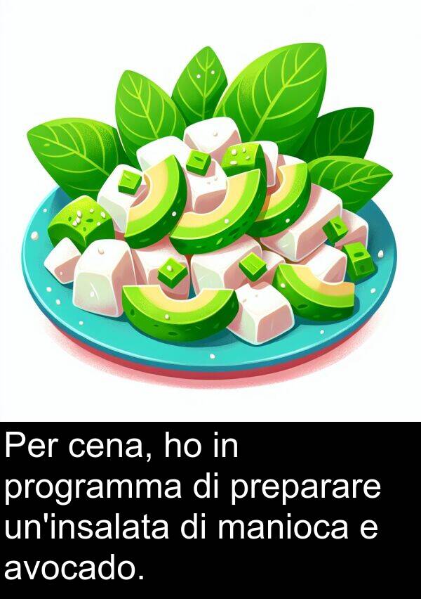 cena: Per cena, ho in programma di preparare un'insalata di manioca e avocado.