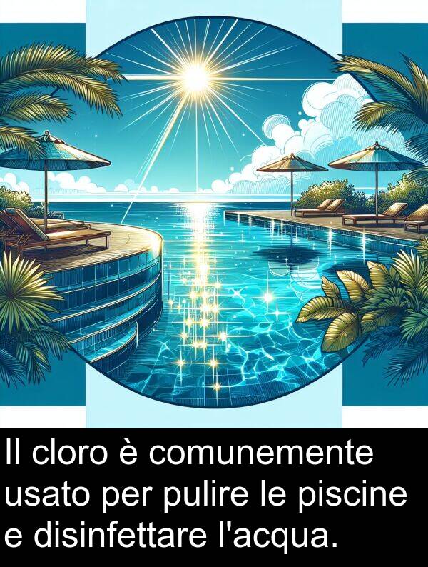 cloro: Il cloro è comunemente usato per pulire le piscine e disinfettare l'acqua.
