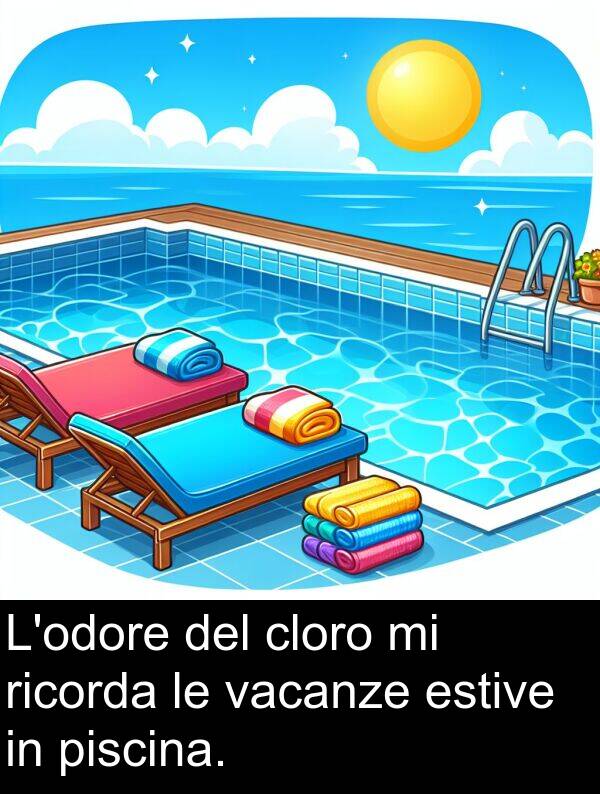 cloro: L'odore del cloro mi ricorda le vacanze estive in piscina.
