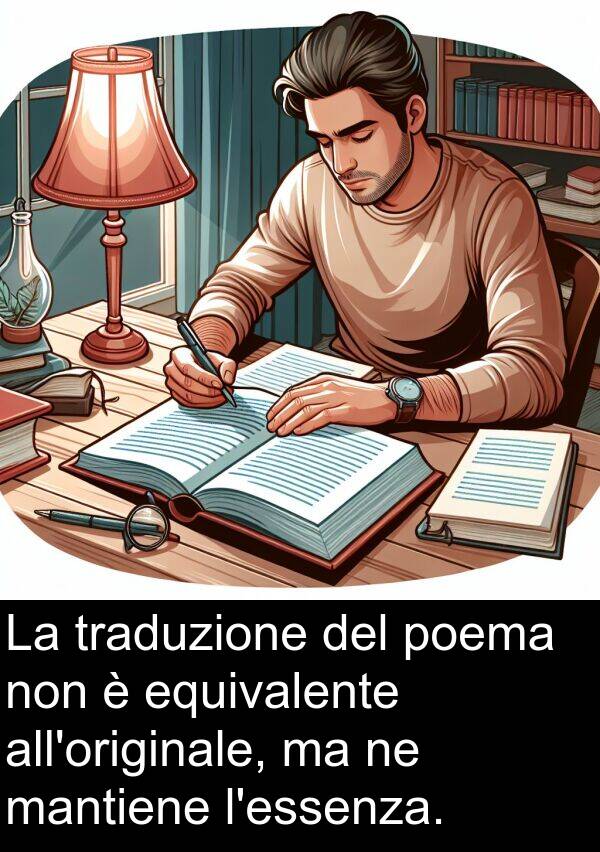 traduzione: La traduzione del poema non è equivalente all'originale, ma ne mantiene l'essenza.