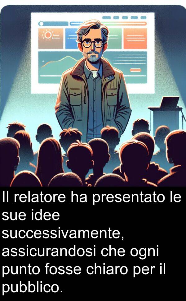 punto: Il relatore ha presentato le sue idee successivamente, assicurandosi che ogni punto fosse chiaro per il pubblico.