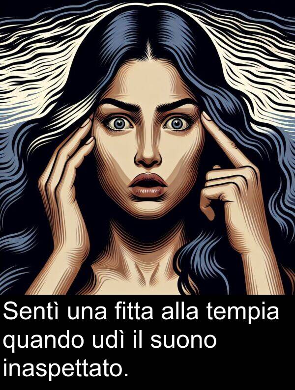 tempia: Sentì una fitta alla tempia quando udì il suono inaspettato.