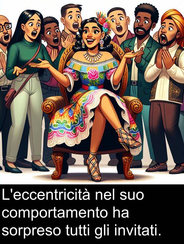 comportamento: L'eccentricità nel suo comportamento ha sorpreso tutti gli invitati.