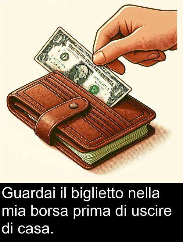 biglietto: Guardai il biglietto nella mia borsa prima di uscire di casa.