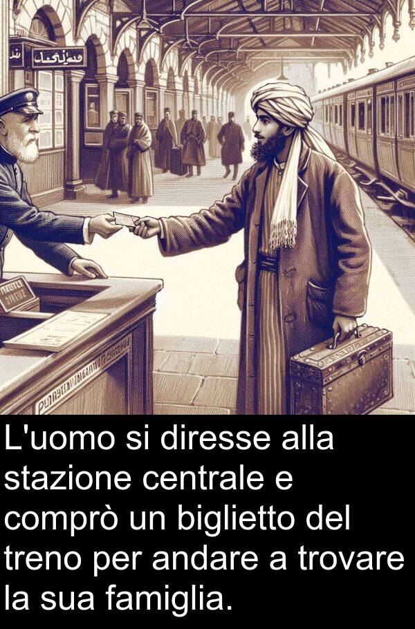 biglietto: L'uomo si diresse alla stazione centrale e comprò un biglietto del treno per andare a trovare la sua famiglia.