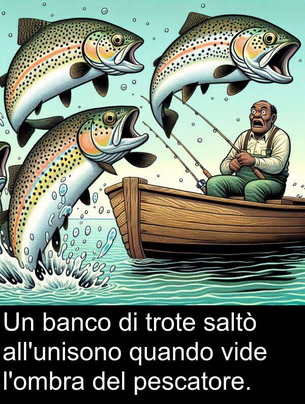 pescatore: Un banco di trote saltò all'unisono quando vide l'ombra del pescatore.