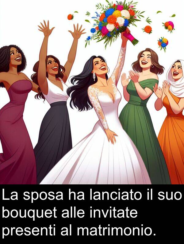 lanciato: La sposa ha lanciato il suo bouquet alle invitate presenti al matrimonio.