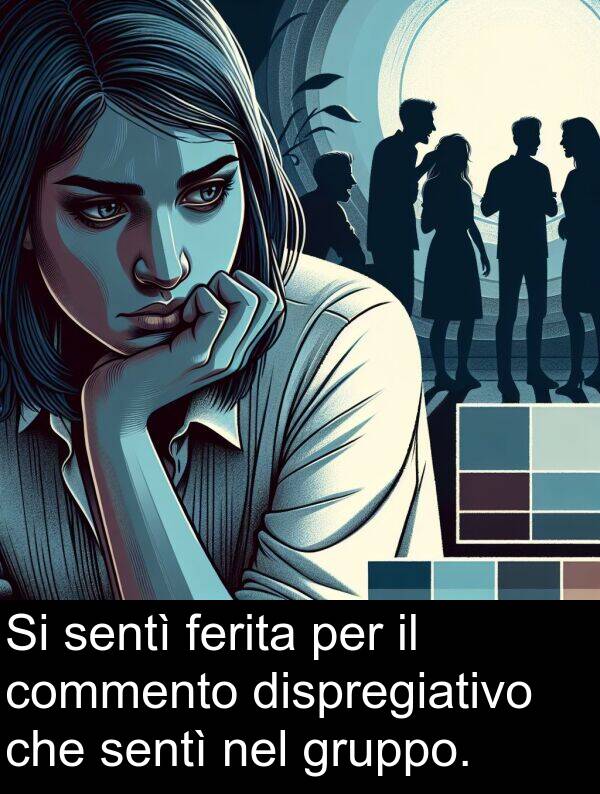 dispregiativo: Si sentì ferita per il commento dispregiativo che sentì nel gruppo.