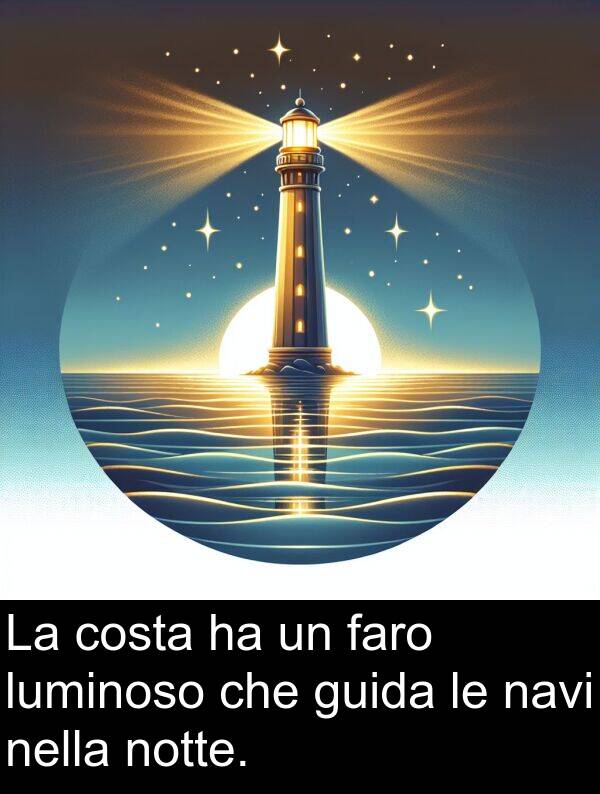 costa: La costa ha un faro luminoso che guida le navi nella notte.
