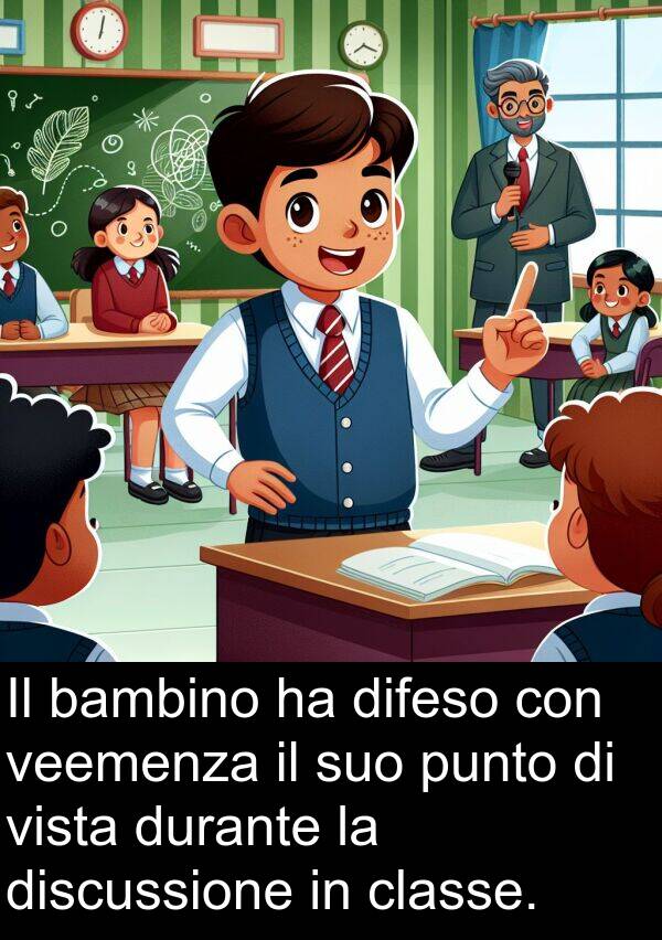 veemenza: Il bambino ha difeso con veemenza il suo punto di vista durante la discussione in classe.