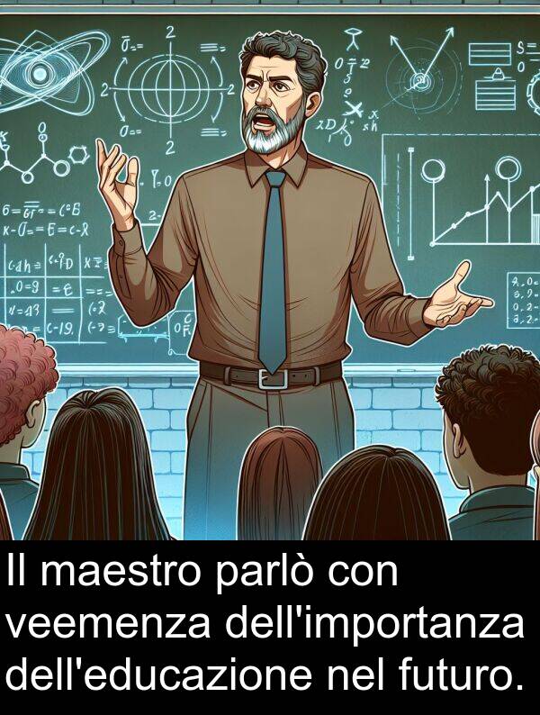 veemenza: Il maestro parlò con veemenza dell'importanza dell'educazione nel futuro.