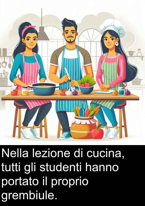 cucina: Nella lezione di cucina, tutti gli studenti hanno portato il proprio grembiule.