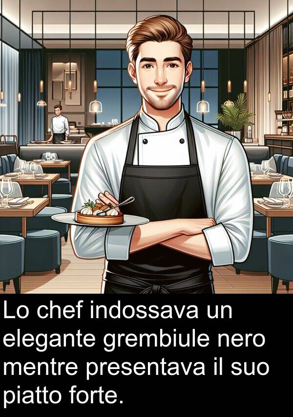 forte: Lo chef indossava un elegante grembiule nero mentre presentava il suo piatto forte.