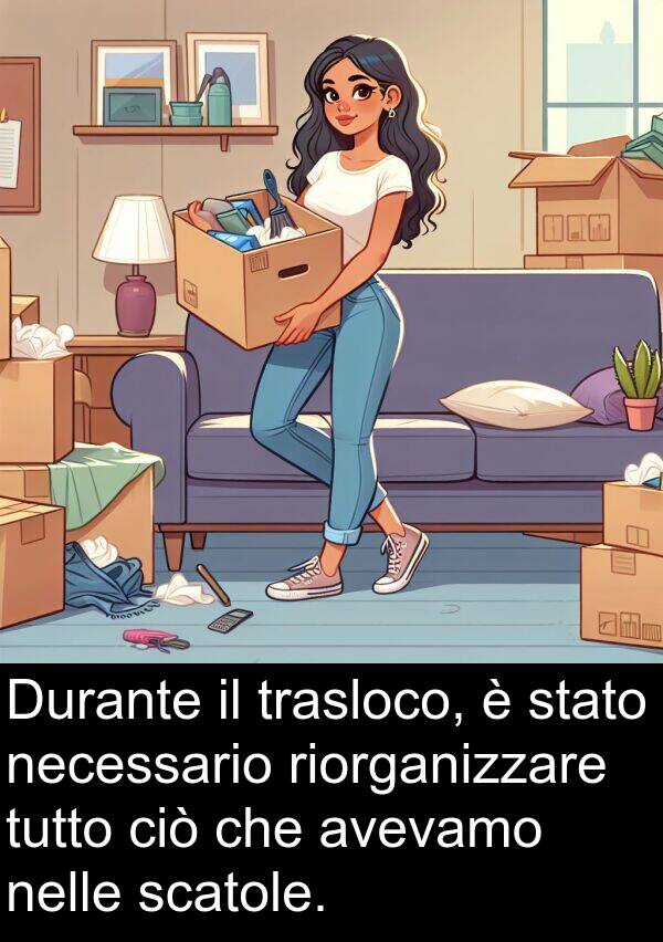 riorganizzare: Durante il trasloco, è stato necessario riorganizzare tutto ciò che avevamo nelle scatole.