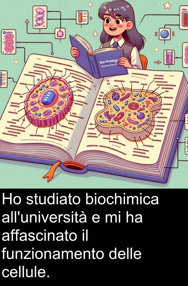 studiato: Ho studiato biochimica all'università e mi ha affascinato il funzionamento delle cellule.