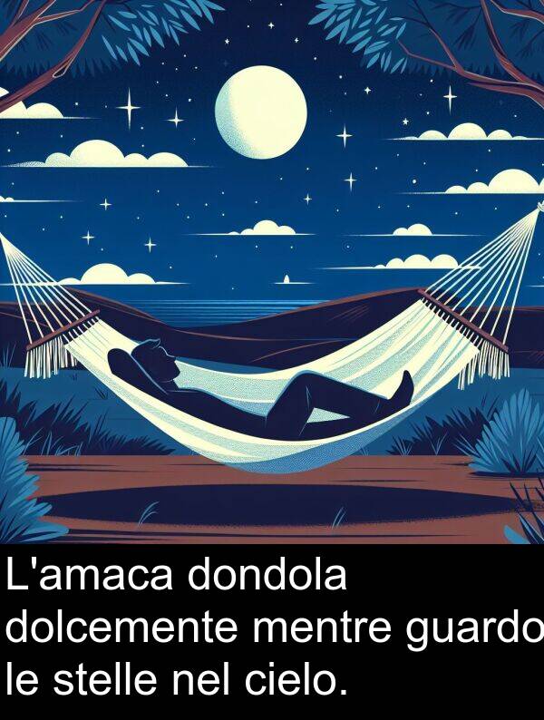 dolcemente: L'amaca dondola dolcemente mentre guardo le stelle nel cielo.