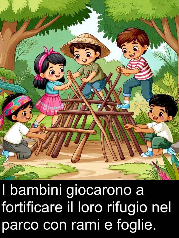 loro: I bambini giocarono a fortificare il loro rifugio nel parco con rami e foglie.