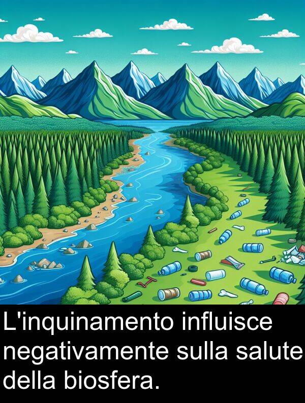 negativamente: L'inquinamento influisce negativamente sulla salute della biosfera.