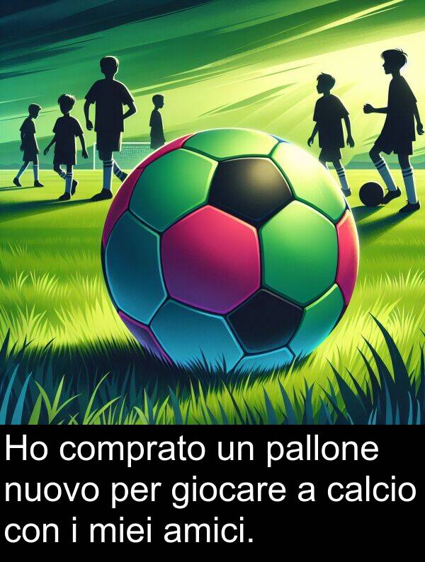 pallone: Ho comprato un pallone nuovo per giocare a calcio con i miei amici.