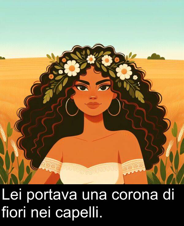 una: Lei portava una corona di fiori nei capelli.