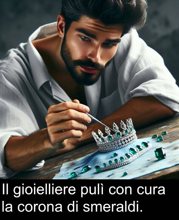 pulì: Il gioielliere pulì con cura la corona di smeraldi.