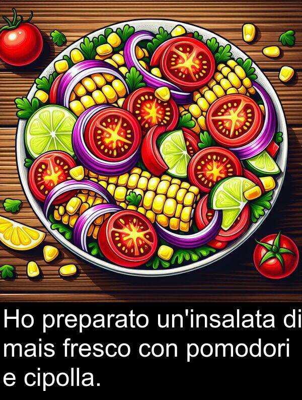 pomodori: Ho preparato un'insalata di mais fresco con pomodori e cipolla.