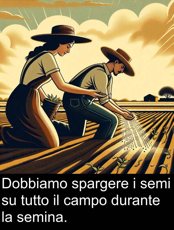 campo: Dobbiamo spargere i semi su tutto il campo durante la semina.
